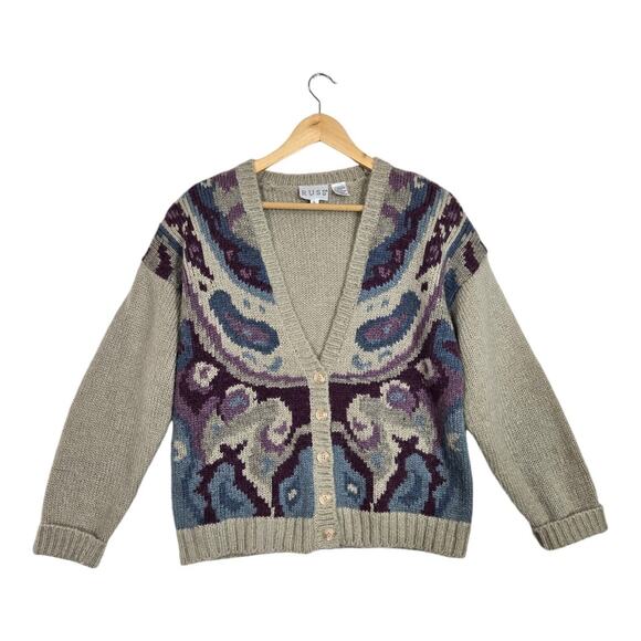 VTG Russ Mohair Wool Blend Cardigan Sweater L Gray Purple Cabincore Grandmacore - Picture 1 of 15